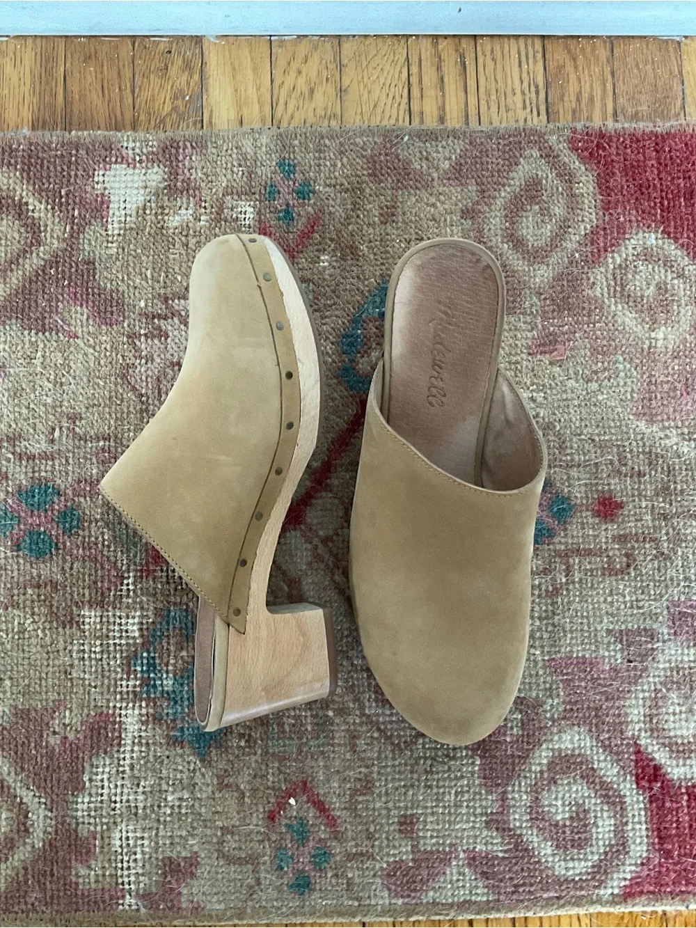 Madewell Tan Suede Clog Mules with Wood Block Heel - Picture 1 of 3